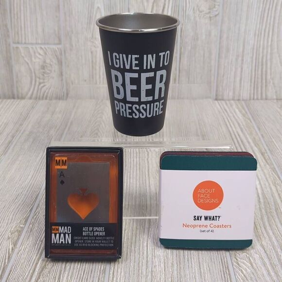Men's Gift Bundle Aluminum Pint Tumbler Bottle Opener Coaster Set - Picture 1 of 4